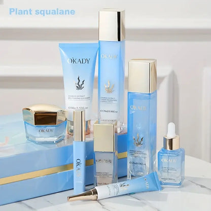 OKADY Eight-Piece Plant Squalane Hydrating Skincare Set For Women, Hyaluronic Acid, Hypoallergenic, Moisturizing, Brightening, Firming