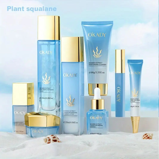 OKADY Eight-Piece Plant Squalane Hydrating Skincare Set For Women, Hyaluronic Acid, Hypoallergenic, Moisturizing, Brightening, Firming